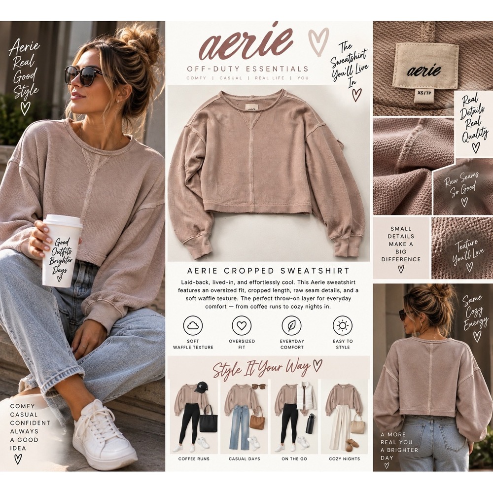 Aerie Sweatshirt Womens XS Dusty Pink Oversized Cropped Raw Seam Inside Out